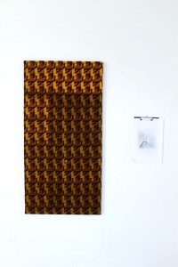 Frame (three) 2014, inkjet print on recycled canvas, 80x140cm, displayed alongside The Slide (one), Graphite on paper on clipboard, 30x40cm