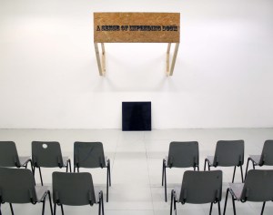 This is a Sense of Impending Doom, 2013, Enamel, Chipboard, Wood, 190x60x210cm, Acrylic and enamel on canvas, 50x50cm